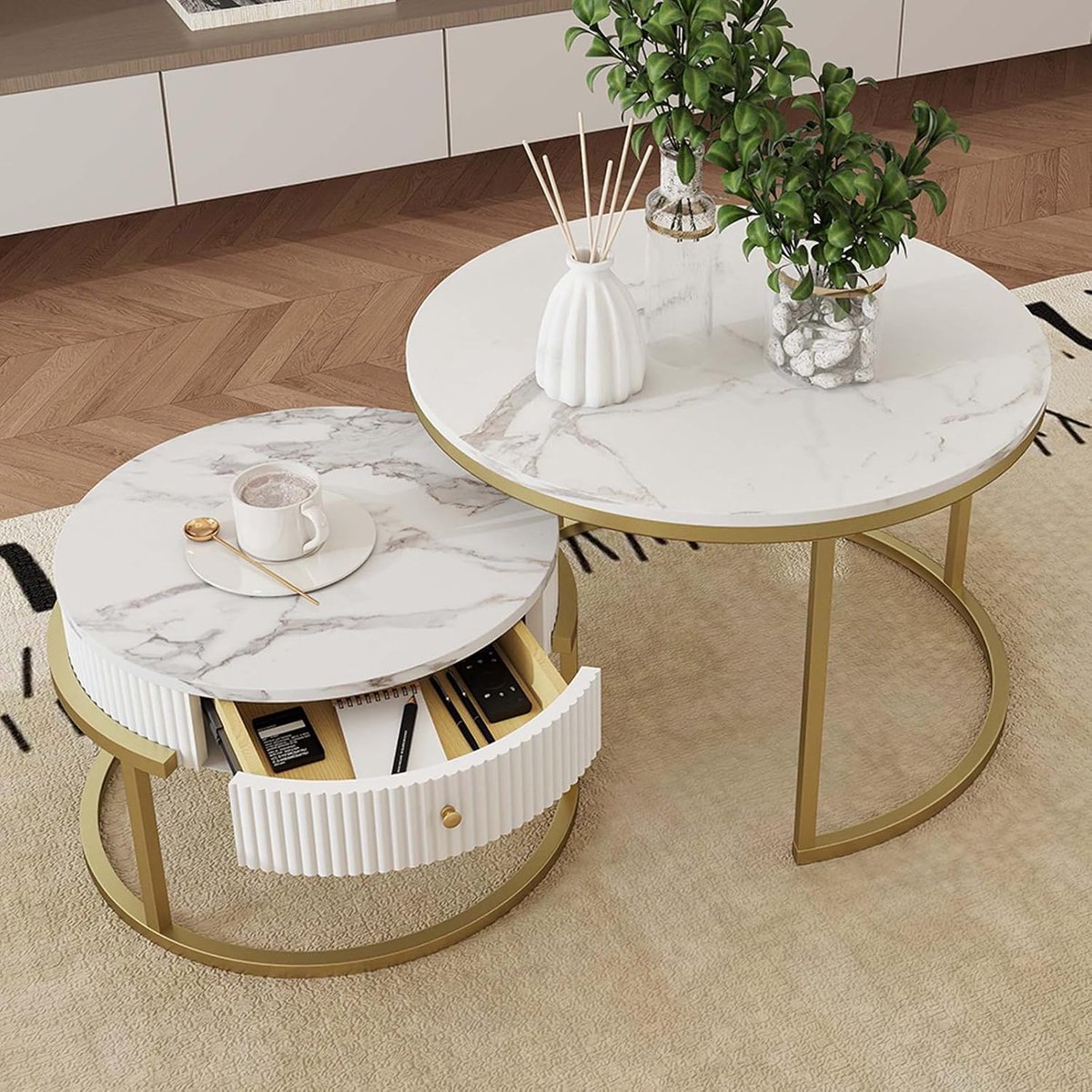 Bijzettafels voor de woonkamer, salontafel, salontafel met marmereffect, ronde bijzettafel met laden en gouden kaders