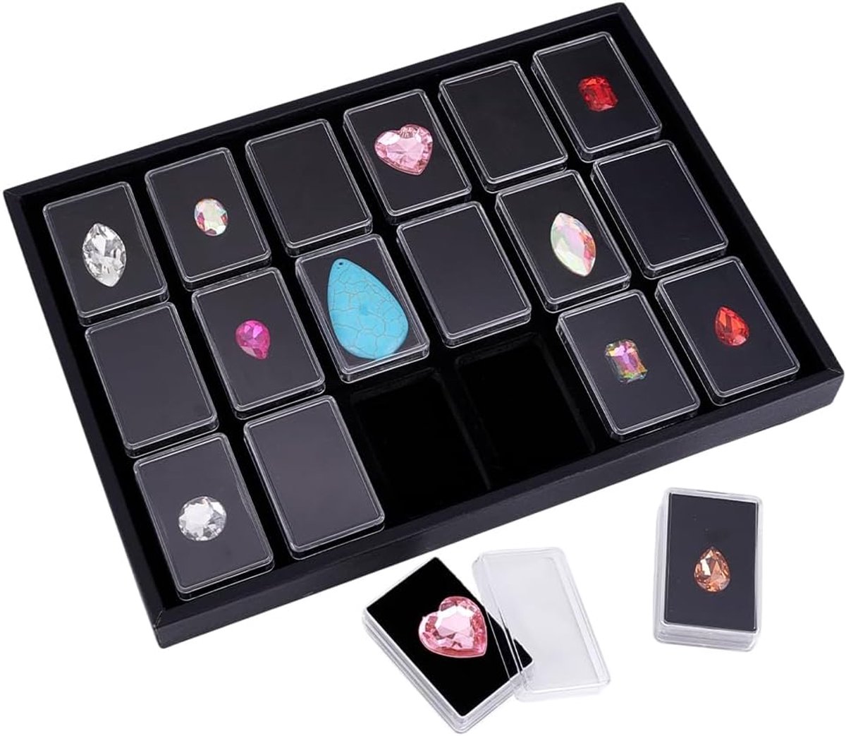 Dailygoods- Edelstenen Houder - 18 Stuks - Opbergdoos met Deksel - Organizer - Displaydoos - Zwarte Buitendoos - Inclusief Sponsmat
