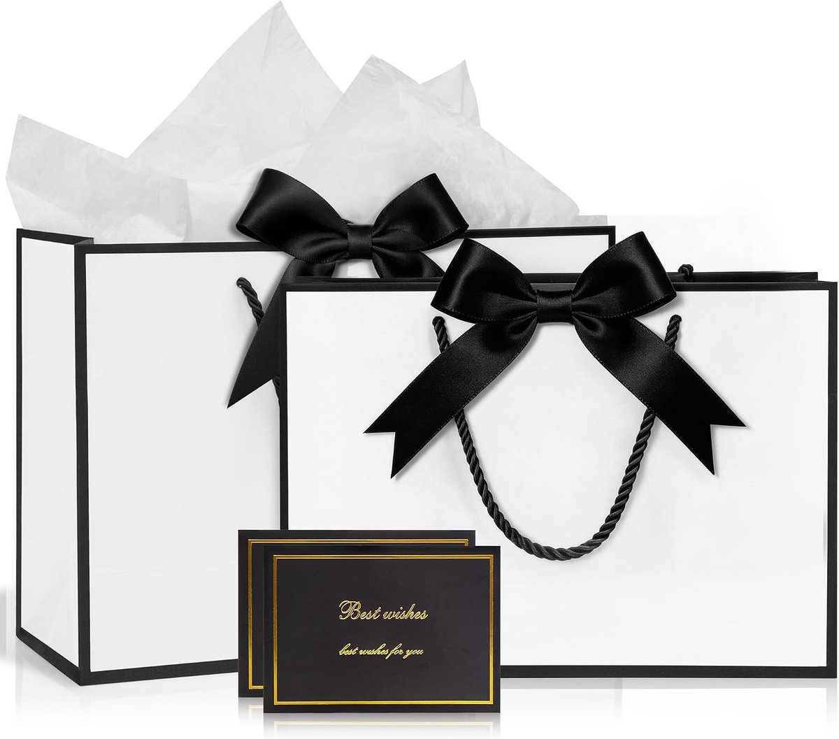 Zwart-witte geschenkzakjes, set van 2 stuks met 4 zijdepapier en 2 wenskaarten