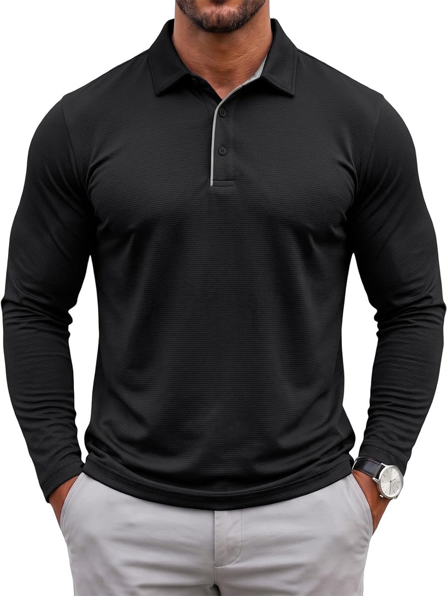 Poloshirt met lange mouwen voor heren, basic casual poloshirt