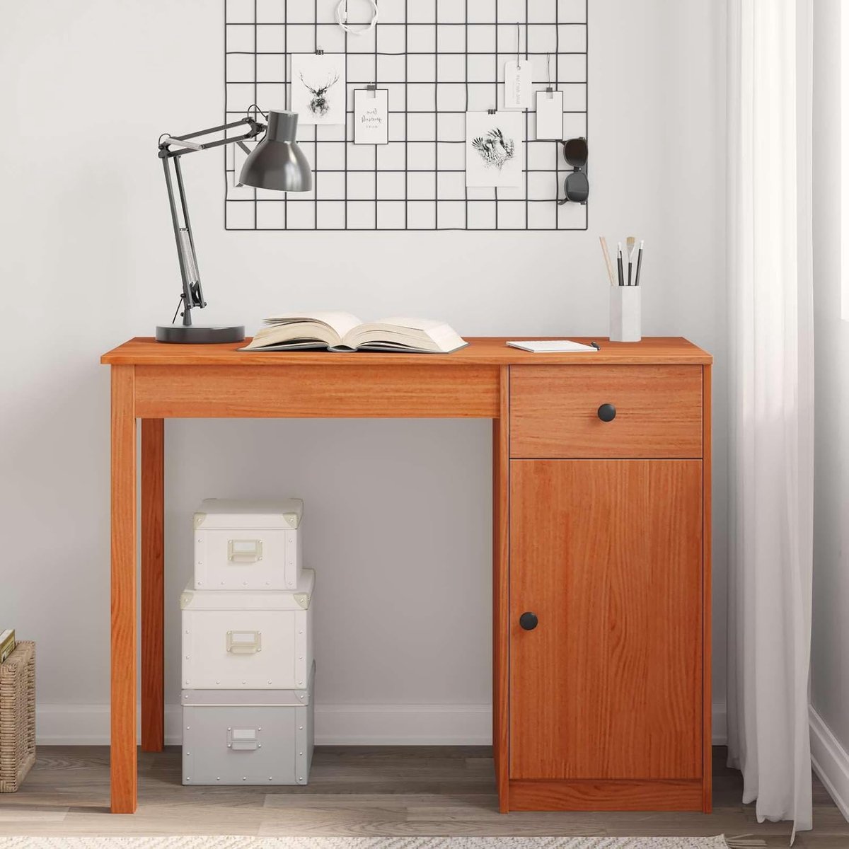 Bureau massief grenenhout, waxbruin, 100 x 50 x 74 cm, met planken, metalen knoppen en vierkante poten, moderne werktafel voor boeken en kantoorbenodigdheden