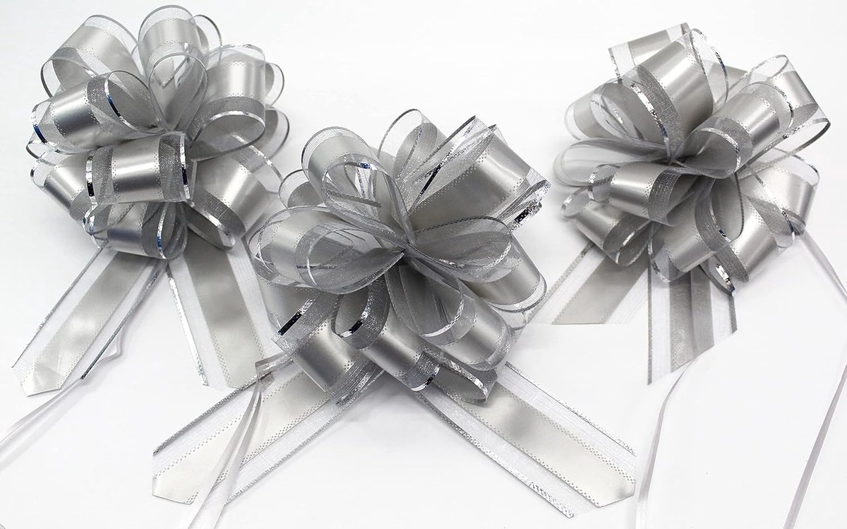 3 x grote treklus 18 cm L pull bow trekkoord polyband decoratieve strik geschenkstrik zilver