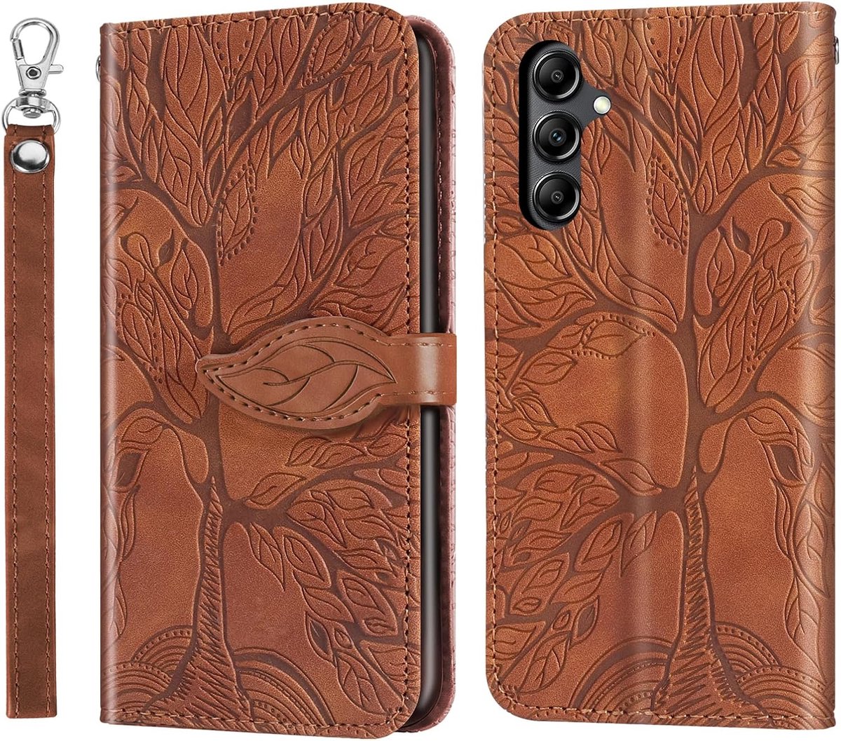 Beschermhoesje voor Samsung Galaxy M55, PU-leer, met magneetsluiting, boompatroon in reliëf, beschermend portemonneehoesje met kaartsleuven voor Samsung Galaxy M55, bruin