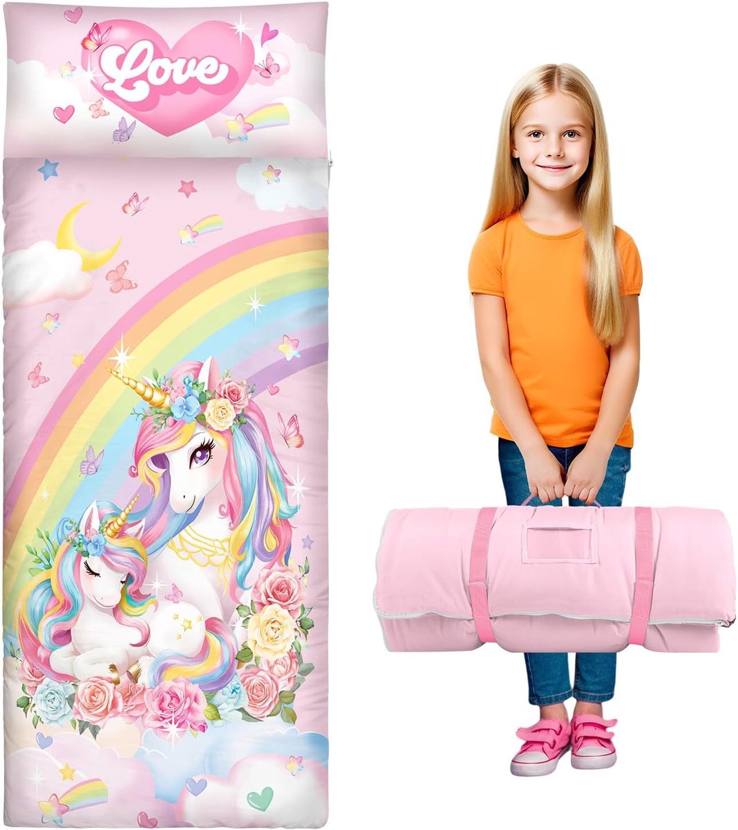 Kinderslaapzak voor peuters, 130 x 61 cm, zachte slaapzak met afneembaar kussen voor kinderen, meisjes, jongens, oprolbare slaapmat, lichtgewicht voor kamperen, kinderopvang, kindertuin