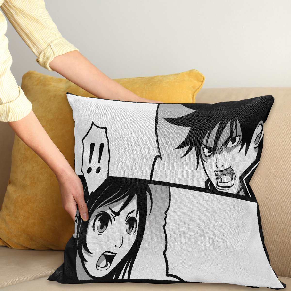 ABAKUHAUS Anime Kussenhoes, Japans Cartoon Comic, Digitale Print, Waterbestendig, Kleurecht, Wasbare Kussenhoes met Ritssluiting, 40 x 40 cm, Zwart Wit Grijs
