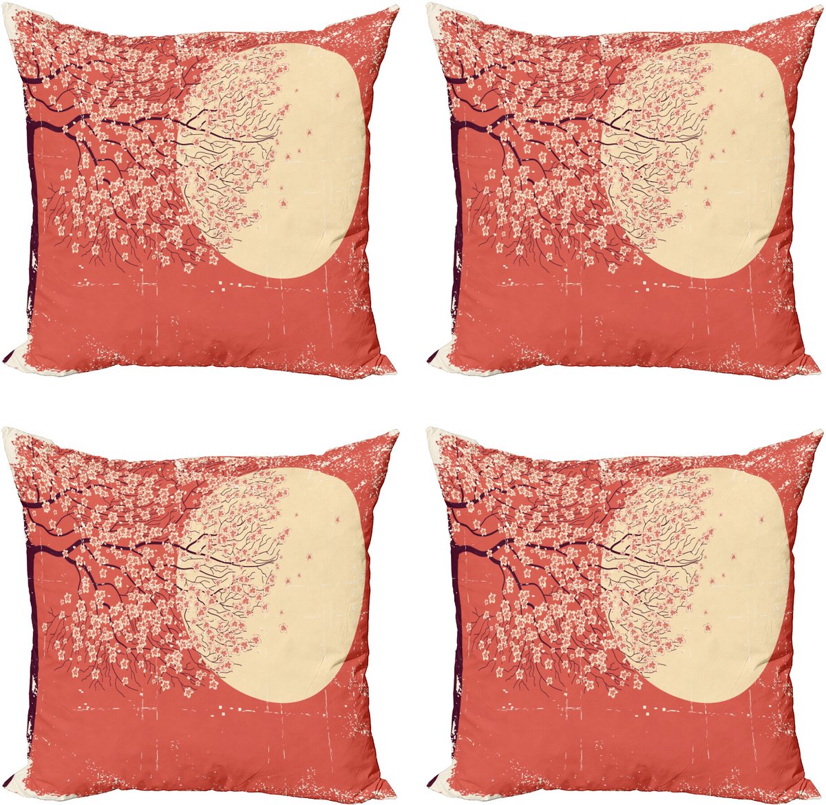 ABAKUHAUS Japans Sierkussen Kussenhoes 4er Set, Kirsche Sakura-Bloesems, Modern Accent Dubbelzijdige Digitale Print, 40 x 40 cm, Hellgelb Korallenrot Pflaume