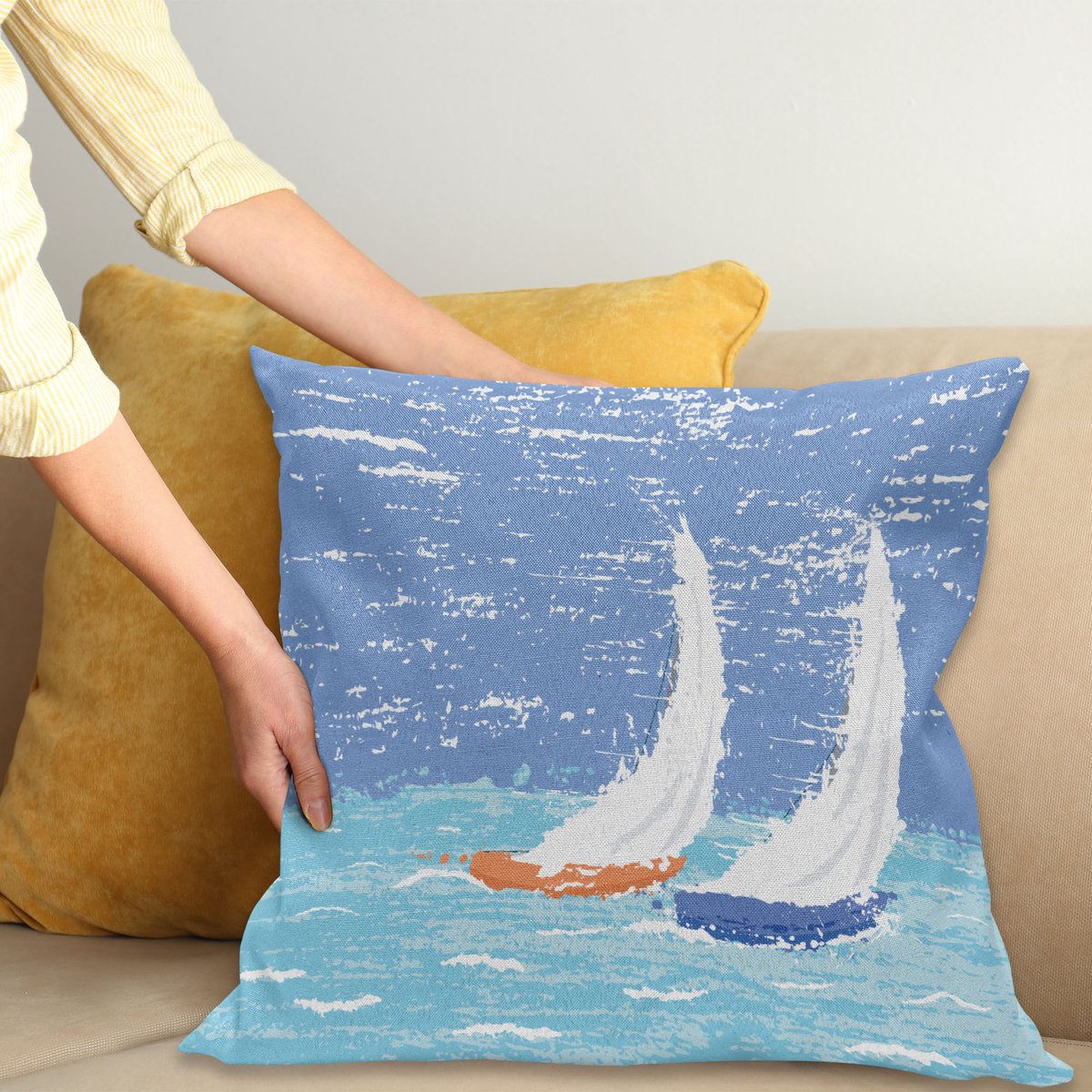 ABAKUHAUS Nautisch Kussenhoes, Grunge Segelboot-Oceaan, Met Ritssluiting, Wasbaar, Dubbelzijdige Digitale Print, Heldere Kleuren, Hoogwaardige Stof, 40 x 40 cm, Lichtblauw
