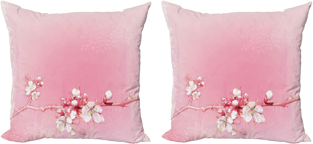 ABAKUHAUS Perzik Sierkussenhoes Set van 2, Japanische Kirsche Bloom, Modern Accent Dubbelzijdige Digitale Print, 45x45, Wit Roze