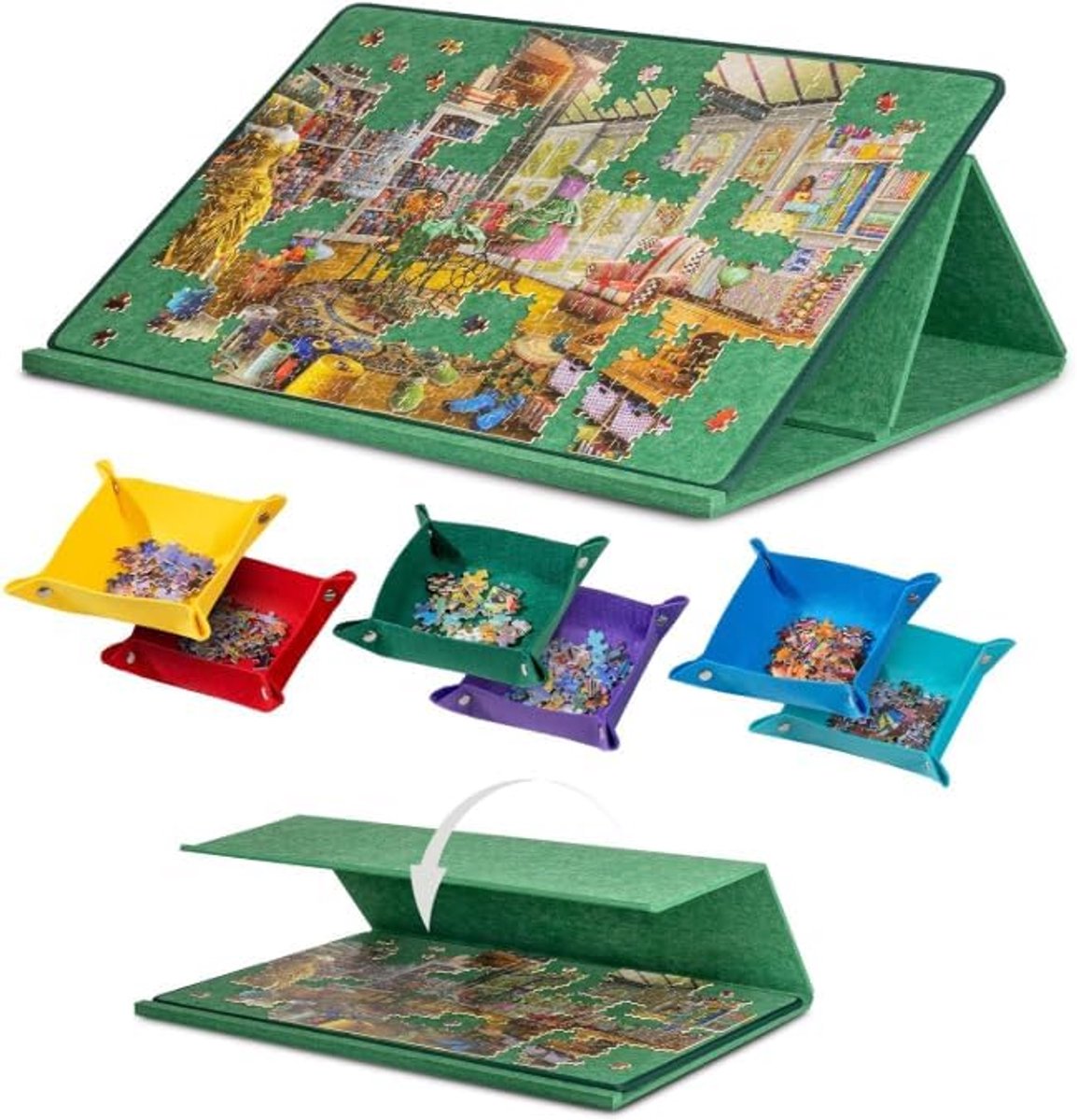 Puzzelbord met 6 gekleurde sorteervakken, kantelbaar puzzelbord met 2-in-1 puzzelstandaard en afdekking, lichtgewicht puzzelmatplatform met hoekinstellingen, puzzeldienblad (groen)