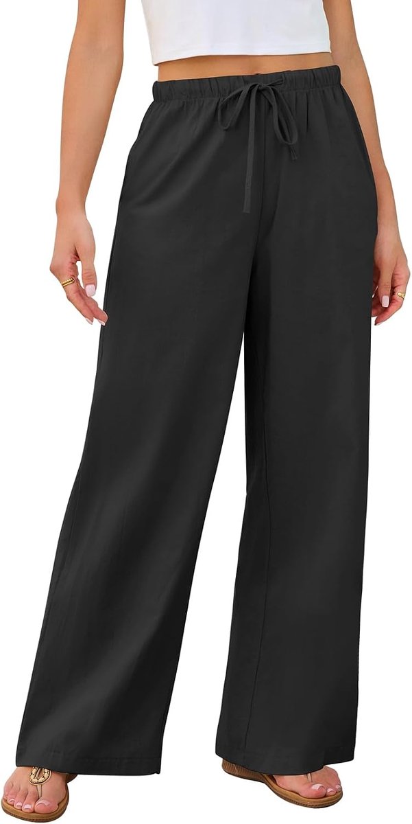 Linnen broek voor dames, verstelbaar trekkoord, zomerbroek, met zakken, zomerbroek, casual, hoge elastische taille