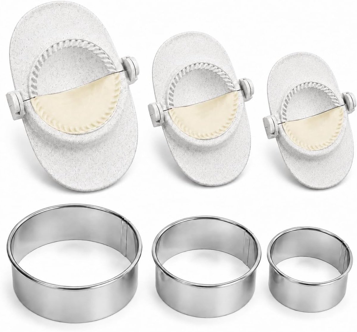 3 maten van Wonton-vormen en 3 maten deegsnijder, voor handmatige ergonomische dumplingvorm, Wonton, potstickers, voor doe-het-zelf-keuken, familiefeesten en picknicks
