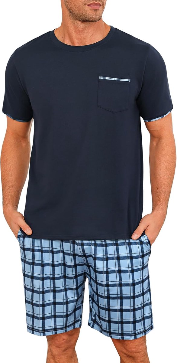 Pyjama voor heren, van katoen met contrasterende strepen, zomerpyjamaset, bovendeel en korte broek, vader en partner, groen, L