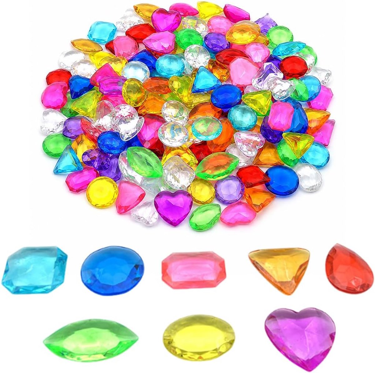 100 stuks acryldiamanten voor kinderen, 8 verschillende designs en kleuren, speelgoed voor zwembad, onderwateredelstenen, voor duiken, schatzoeken, voor kinderverjaardag