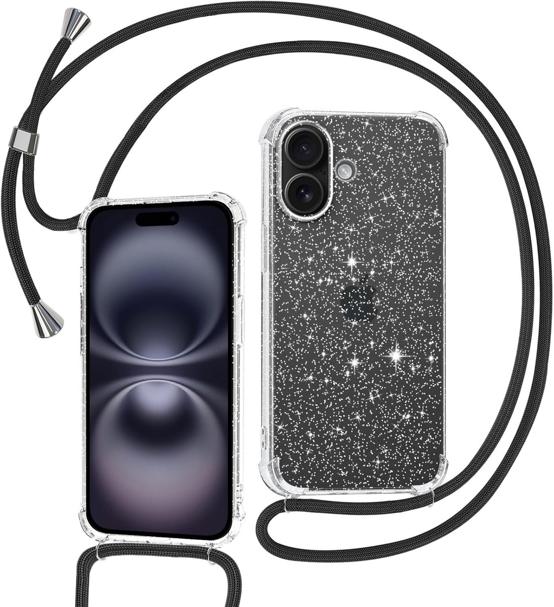 Telefoonband voor iPhone 16, hoes met koord, telefoonhoes met koord om om te hangen, beschermhoes met ketting, glitter, transparant, zachte TPU siliconen bumper - zwart