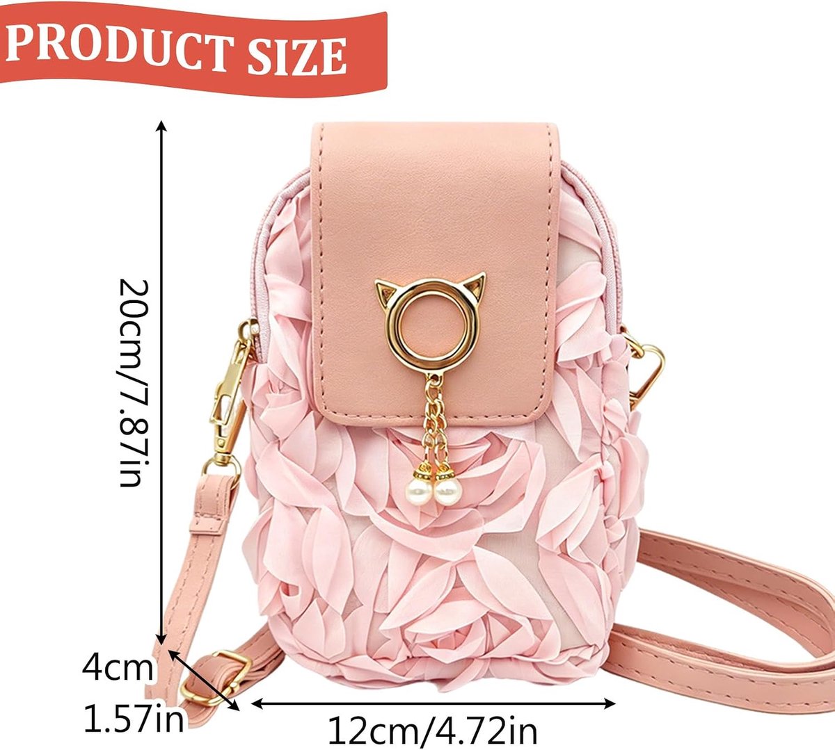 Crossbody Tas 3D Bloemen, Leuke Roze Cross Body Tas Vrouwen met Afneembare Verstelbare Riem, Lederen Rozen Mobiele Telefoon Tassen met Rits voor Vrouwen Zomer Strand Bruids Prom Party Bruiloft thumbnail 3