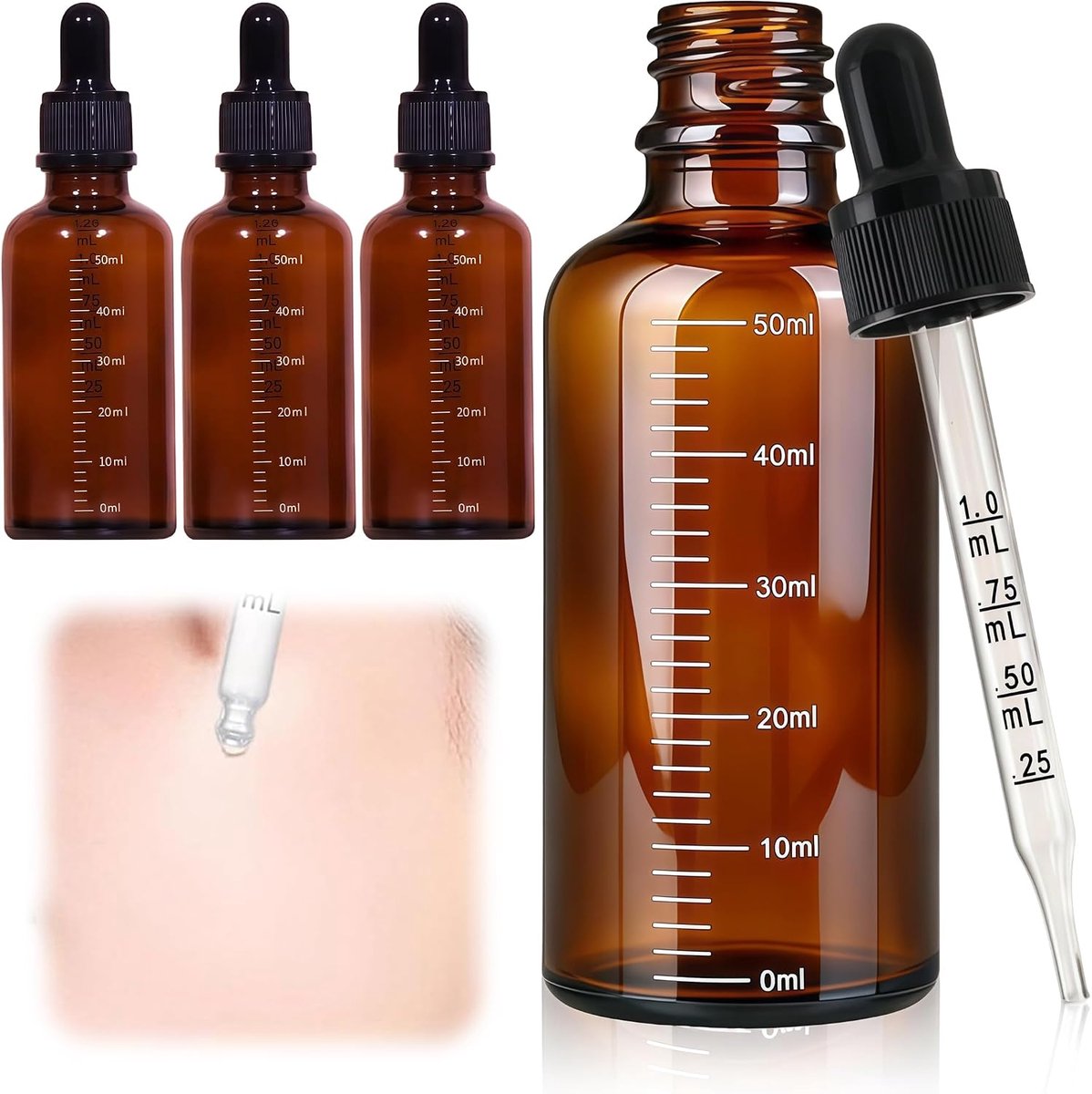 50ml, Set van 4 Bruinglas Flesjes met Druppelaar voor Etherische Oliën, Parfumoliën, Aromatherapie & Vloeistoffen