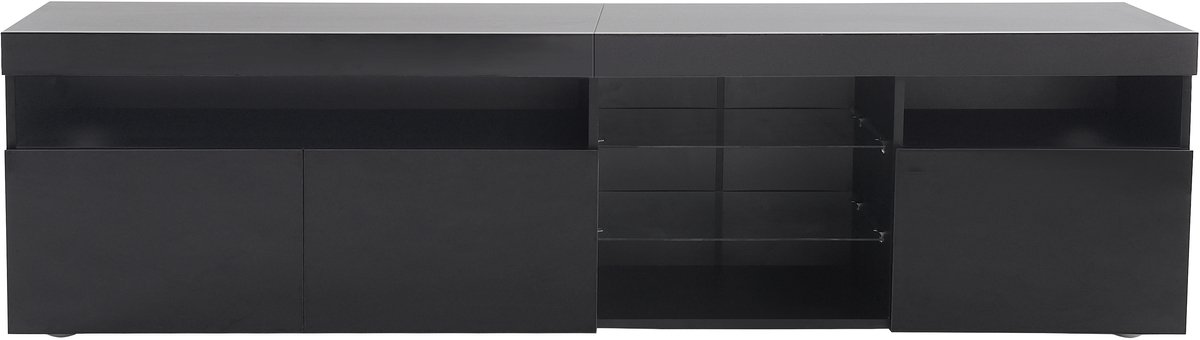 tv meubel - voor woonkamer en eetkamer - 180x35x48 cm - zwart - hoogglans panelen met variabele LED-verlichting - gehard glazen inlegdeuren - 3 opbergvakken
