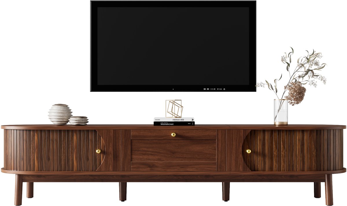 tv meubel met schuifdeuren en laden - Voor woonkamer, slaapkamer en hal - 170 cm breed - Notenlook - Gouden handgrepen en massief houten poten - Afgeronde hoeken