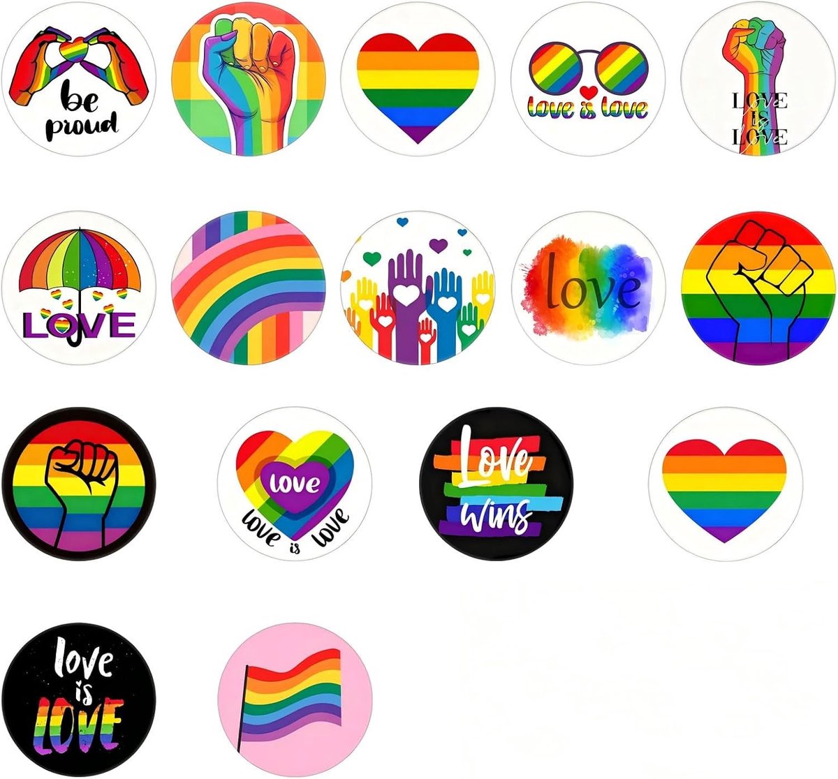 Regenboog Abzeichen 16 Stuks 44MM – Ronde Buttons met Regenboog Vuist Motief, Duurzame RVS Pride Pins Set voor Kleding, Rugzakken en Pride Festivals Accessoires