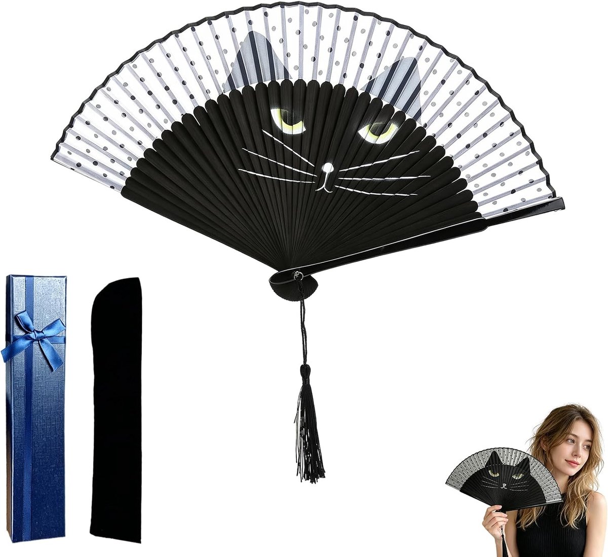 Zwarte Kat Waaier Set met Tassel & Tas, Bamboe