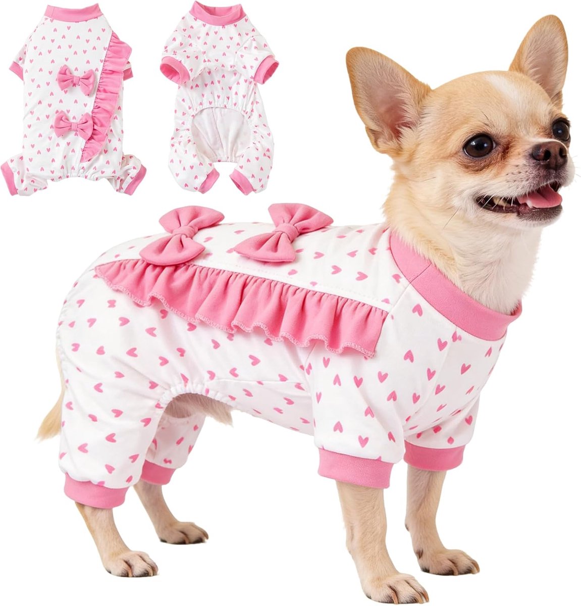 Pyjama Puppy Boog Hart Nachtkleding Jumpsuit Klein Medium Ras Huisdier Stretchy Pjs Herstelpak Outfit Comfortabele Vierbenige Jammies Kleding (Roze, S)