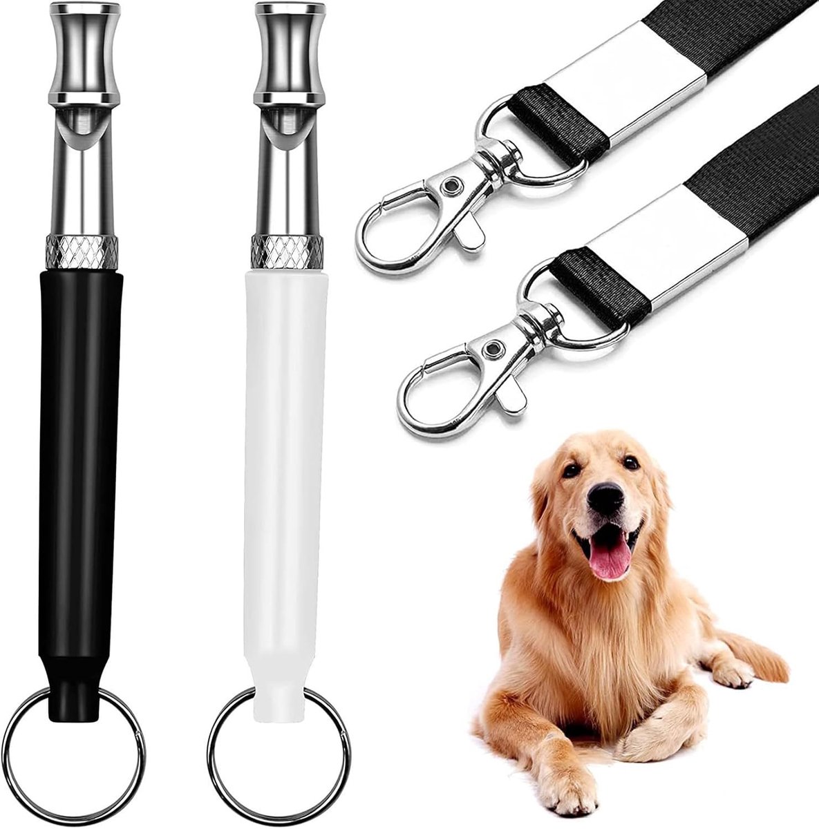 2 x hondenfluitje (zwart en wit), ultrasone trainingsfluitje met riem, 49 cm, trainingsaccessoires voor oproepen en onderwijs