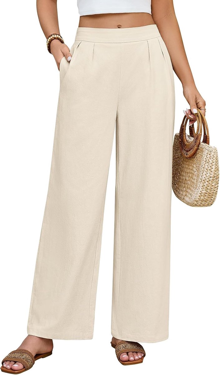 Zomerbroek voor dames, wijde pijpen, katoen, losse vrijetijdsbroek, lang, elastisch, hoge taille, damesbroek met zakken, comfortabele stoffen broek, strandbroek