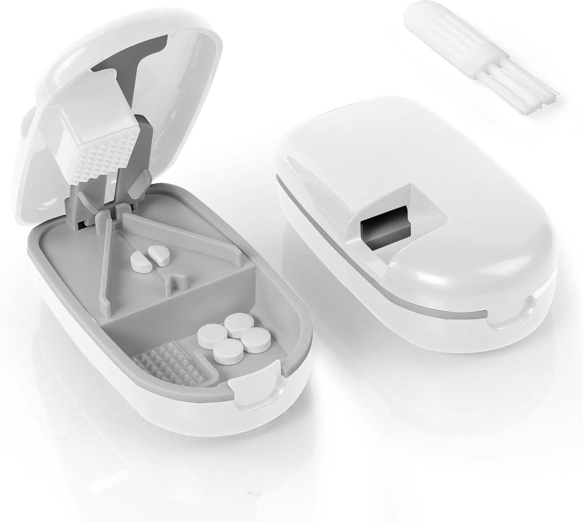 Pil Tablet Snijder, Draagbare Pillensplitter voor Kleine en Grote Pillen Doormidden en in Kwarten Snijden, Malen & Snijden & Bewaren 3-in-1 Tablet Pil Dispenser met Borstel voor Ouderen