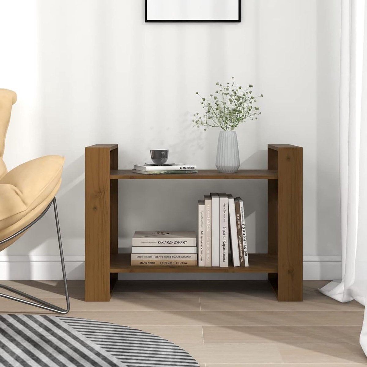 Boekenkast, ruimteverdeler, wandrek, staande kast, archiefkast, ruimteverdeler, kantoorplank, massief grenen, honingbruin, 80 x 35 x 56,5 cm