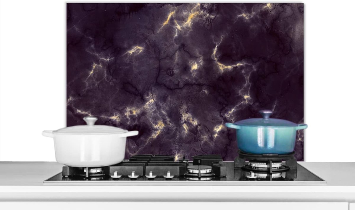 Spatscherm Keuken - 90x60 cm - Goud - Edelstenen - Agaat steen - Geode