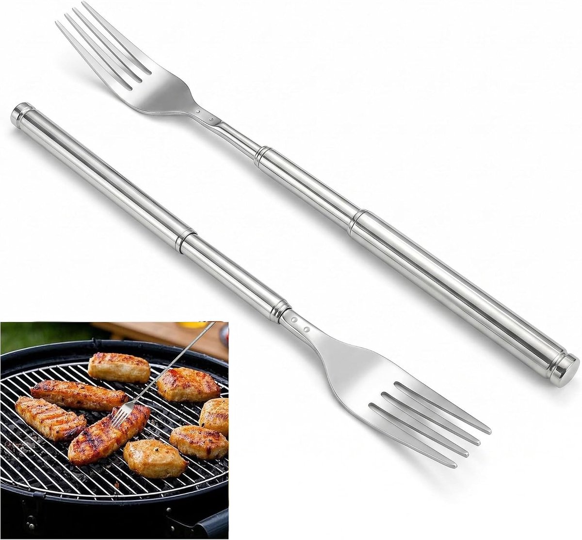 2 stuks uitschuifbare grappenvorken, roestvrijstalen telescopische vorken, draagbaar en schaalbaar van 8,7 inch tot 25,4 inch voor buiten barbecue, dineren, reizen en voeden
