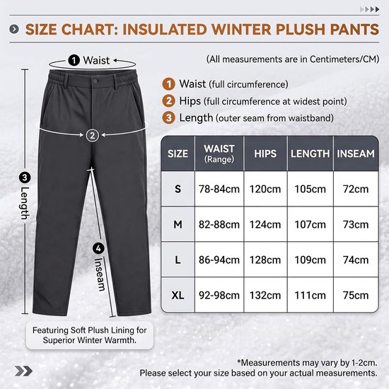 Maattabel voor een winterbroek met illustraties van taille, heupen, lengte en binnenbeenlengte. De broek is donkergrijs met een zachte pluche voering.