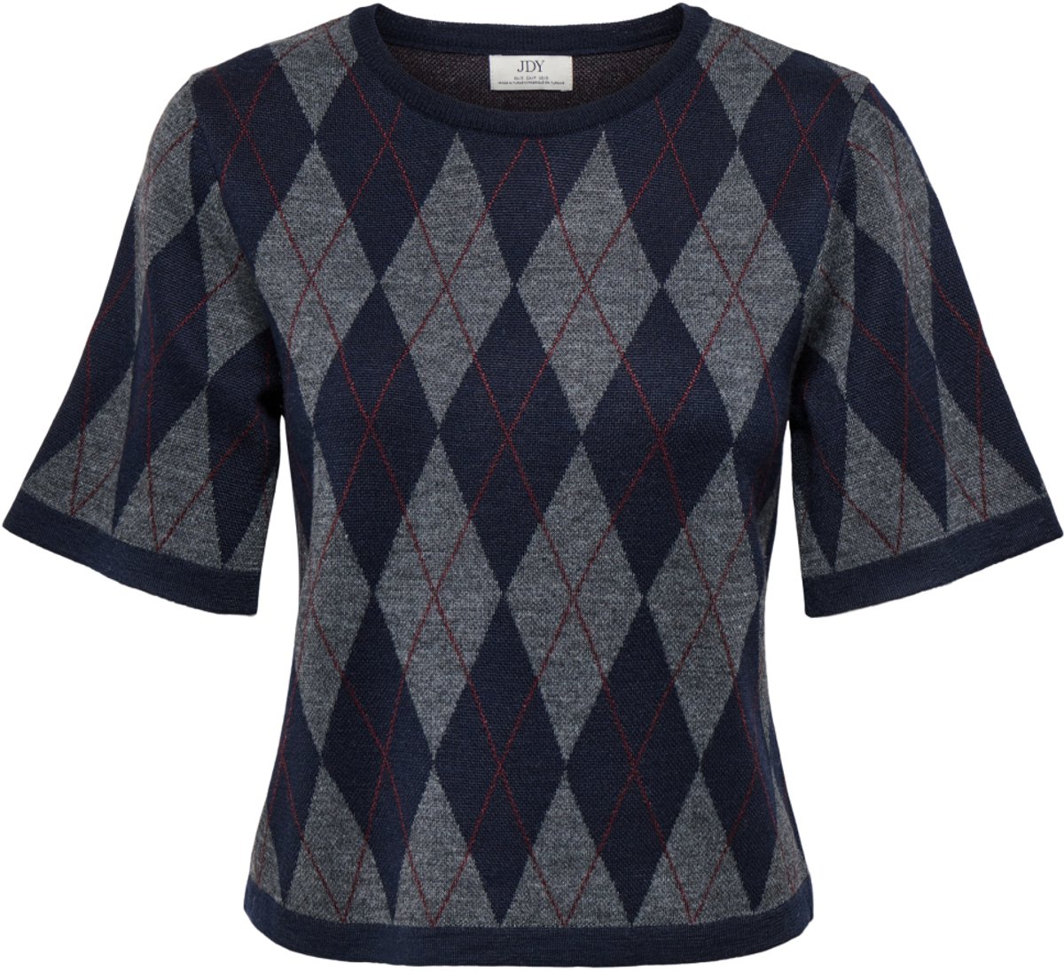 Jacqueline de Yong Trui Jdymaggy S/s Argyle Pullover Knt N 15382048 Smoked Pearl/black Iris & Tibetan R Dames Maat - XL