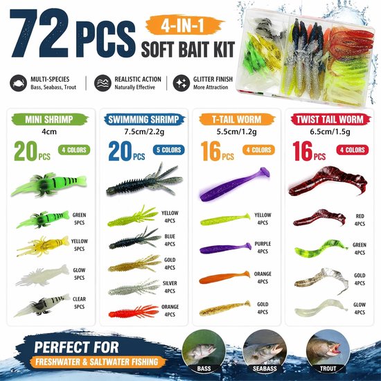 72 stuks rubberen aasset, 4 soorten visaas voor baars, snoekbaars, forel — afbeelding 2