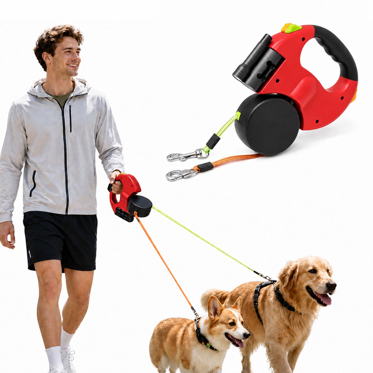 2-in-1 Uitschuifbare Dubbele Hondenriem - 3 Meter - met LED Verlichting en Opbergbox - voor Kleine en Middelgrote Honden - Rood