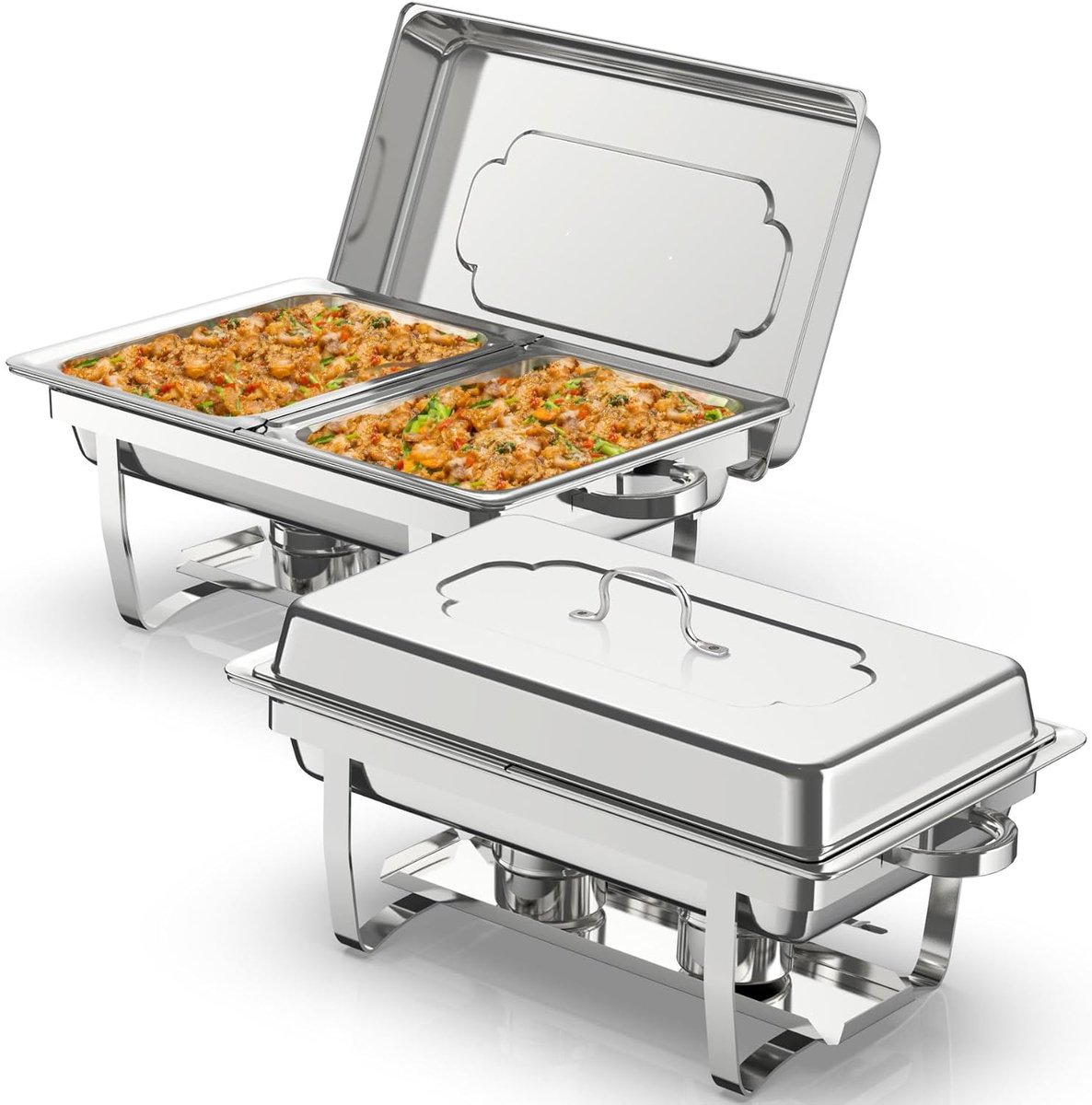 Chafing Dish Buffet, 2 stuks, 9 liter, rechthoekige cateringserver van roestvrij staal met halfgrote voedselcontainers, voedselverwarmer met opvouwbaar frame voor feestjes, bruiloften, diners