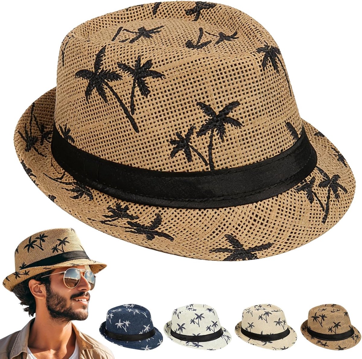 Strohoed voor heren, panama strohoed met korte rand, palmprint, voor tropisch, vakantie, themafeest, maat 58, geschikt voor de meeste mensen