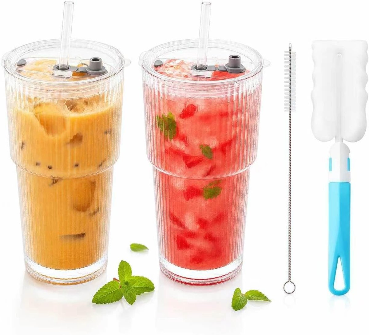 Drinkbeker met deksel en rietje, 2 x 600 ml, geribbeld design, met 3 PP-deksels, 3 borosilicaatglazen rietjes, 1 glazen reinigingsborstel en 1 reinigingsborstel