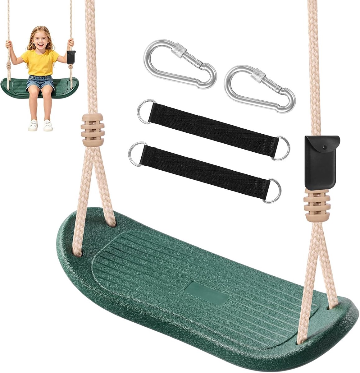 Kinderschommel voor binnen en buiten - Stevige kunststof schommelzitting (PE), weerbestendig - Verstelbare boomschommel 140-180 cm, tot 120 kg - incl. 2 boomriemen voor tuin en huis, groen