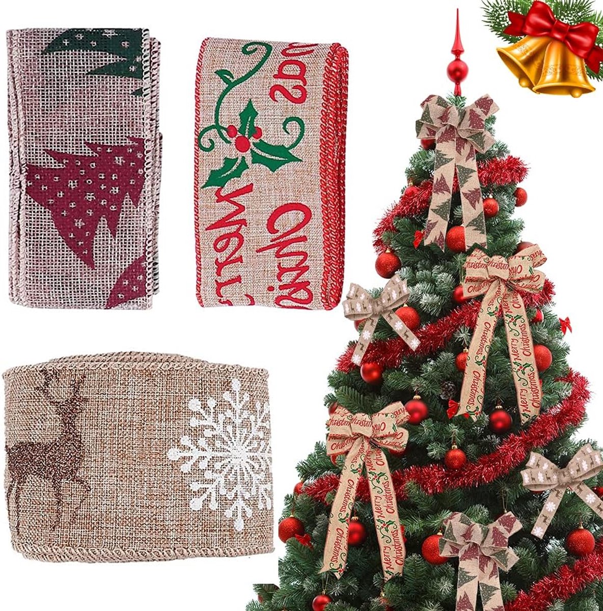 Jute lint voor Kerstmis, 3 rollen linten, natuurlijk cadeau, met sneeuwvlokken, groot, decoratief, voor handwerk, kransen, strikken