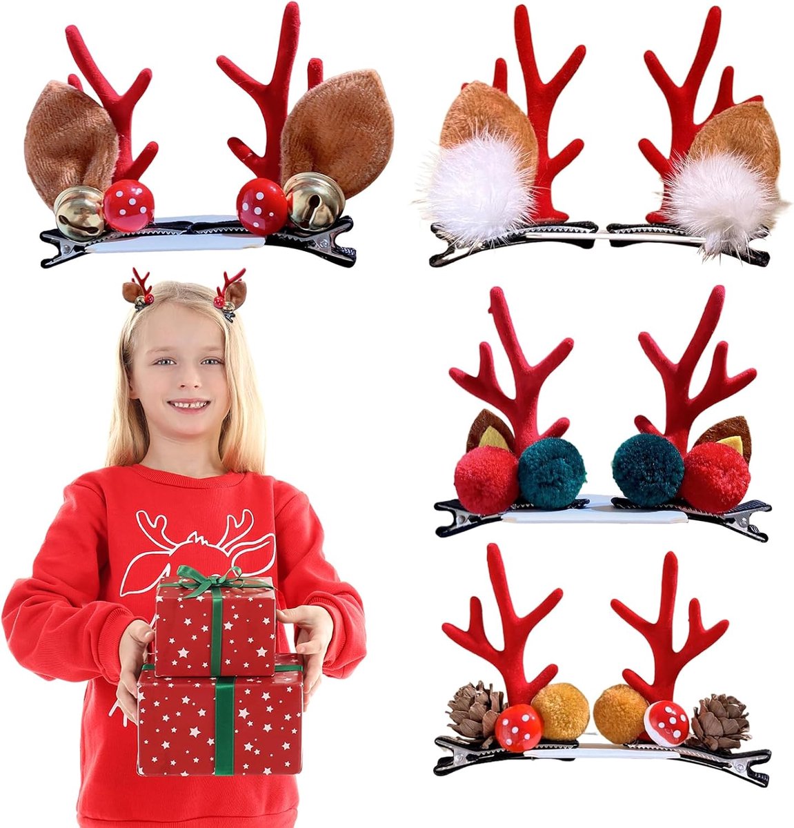 Haarclip - Paar Kerst Rendier Gewei Haarclips, Mooie Kerstman Herten Hoorn Oren Haarspelden, Haarspeld Dennenappel, Kerst Haarspeld voor Meisjes Kerstfeest Festival Haardecor