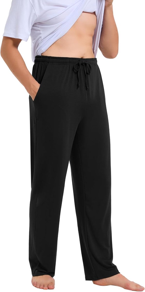 Pyjamabroek voor heren, lang, licht, luchtig, met zakken, losse loungebroek met elastische tailleband, vrijetijdsbroek, M-3XL