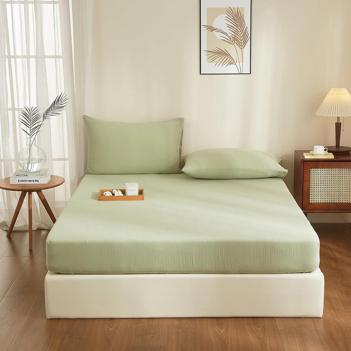 Muslin-spanlaken 200x200cm 100% katoen Groen Muslin-bedlaken 200x200cm katoen Zacht Ademend Knuffelachtig Spanlaken Boxspring Geschikt voor 30cm Matras