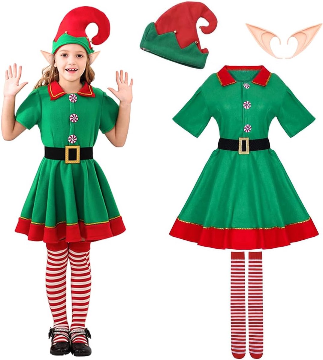 Elfenkostuum voor kinderen en dames, kerstset met oren, muts, panty en jurk, carnaval en Kerstmis voor volwassenen en kinderen