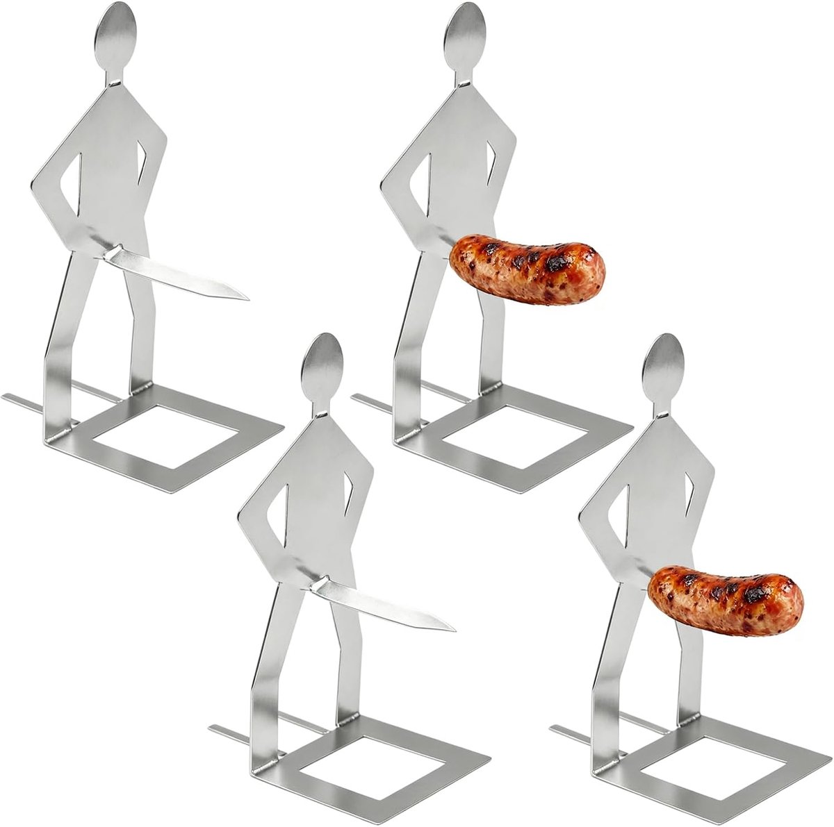 4 stuks 5 x 15 cm roestvrijstalen worstgrillrek, grappige staande man worst grillstandaard, BBQ hotdog houder, voor outdoor camping, picknicks, van roestvrij staal, hot dog BBQ gereedschap
