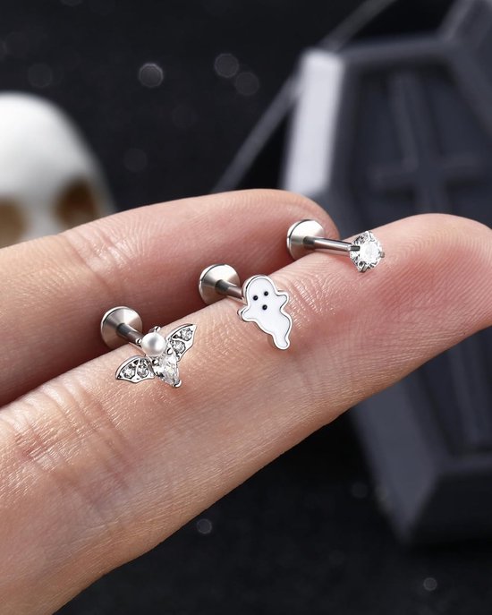 Halloween Platte Terug Oorbellen 3 STKS Kraakbeen Studs Bat Helix Oorbellen Intern Schroefdraad Neus Stud Tragus Piercing Sieraden — afbeelding 4
