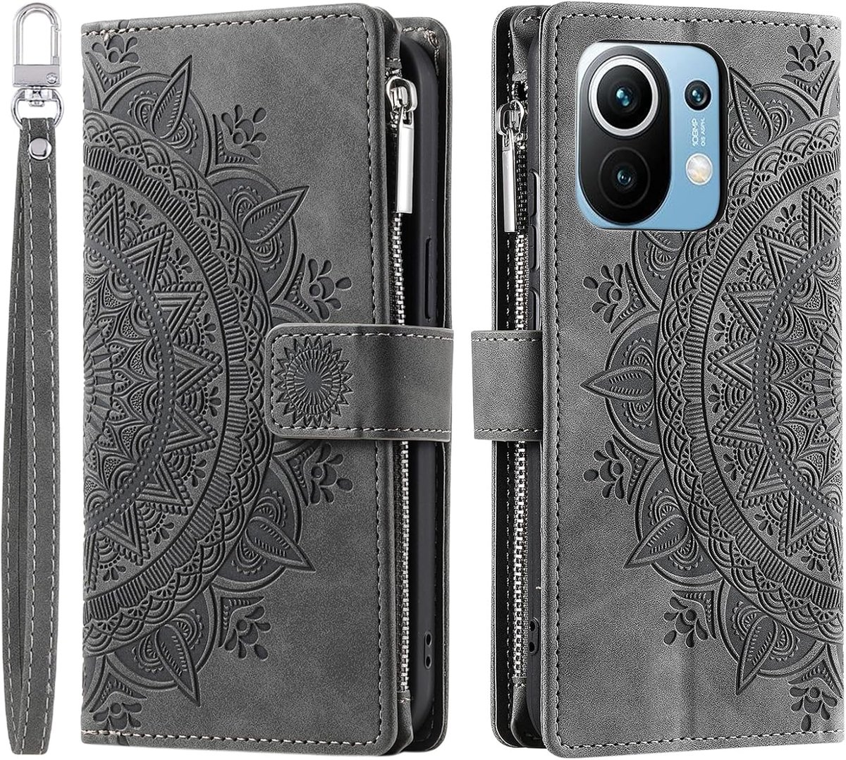 Hoes voor mobiele telefoon voor Xiaomi 11 5G, inklapbaar, bloemen mobiele telefoonhoes, beschermhoes, klaphoes met kaartenvak, mobiele telefoonhoes, bookcover, flip case, standaard, grijs