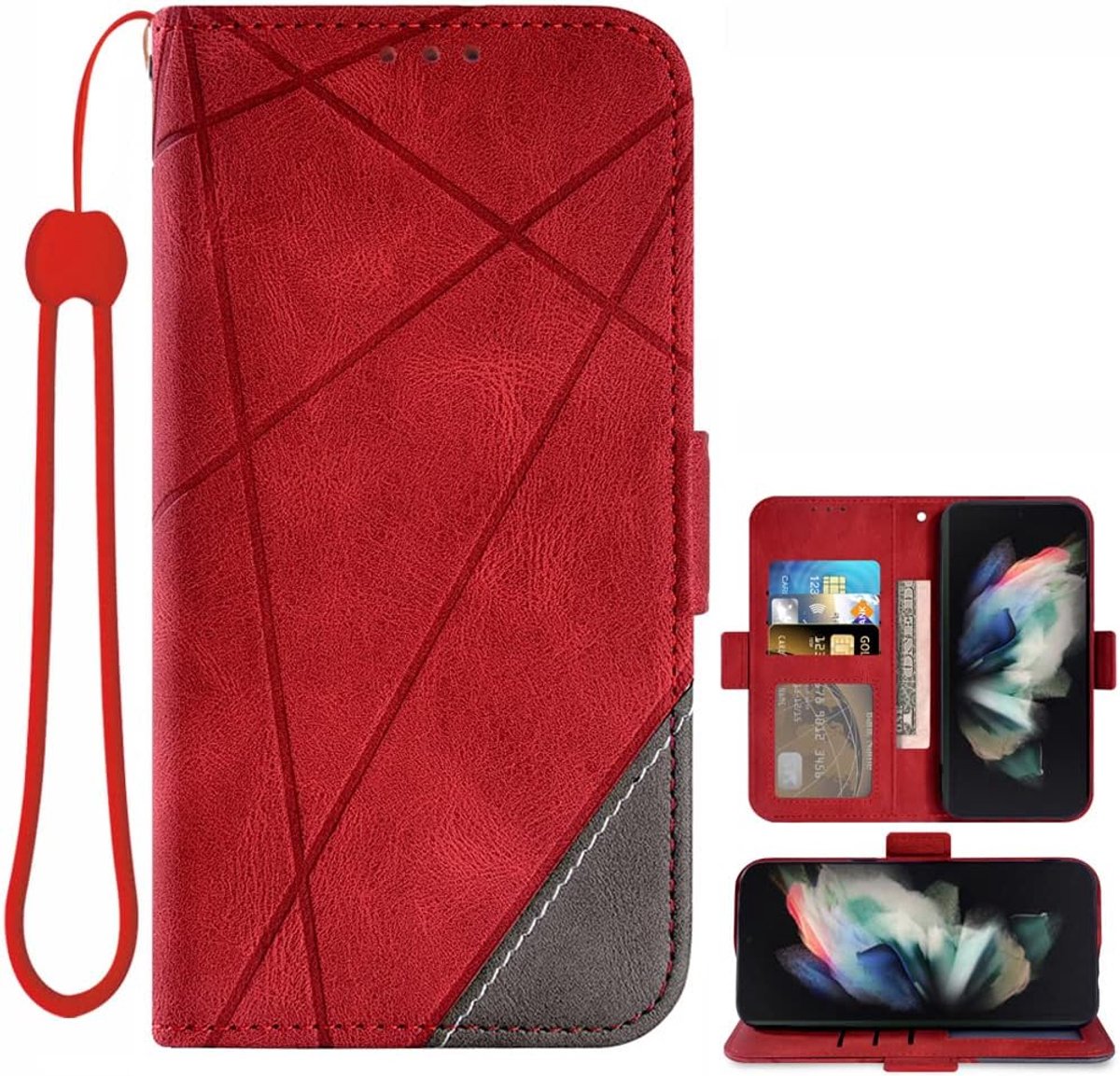 Hoes voor Samsung Galaxy Z Fold 3 5G met Card Holder Stand Leather Wallet Flip Hoesje ZFold3 Z3 Fold3 Telefoonhoesje Phone Cover Case Rood