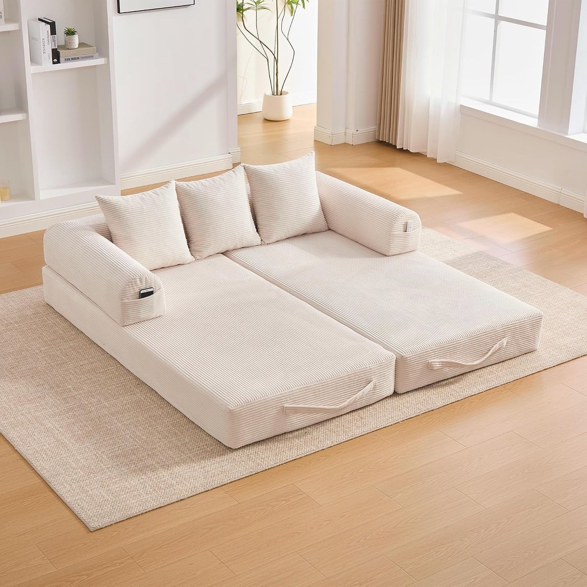 Slaapbank met 2 kussens, futonbank van corduroy, schuimverenmatras, 3-zits bank voor woonkamer en woning (beige-A, 3-zits)