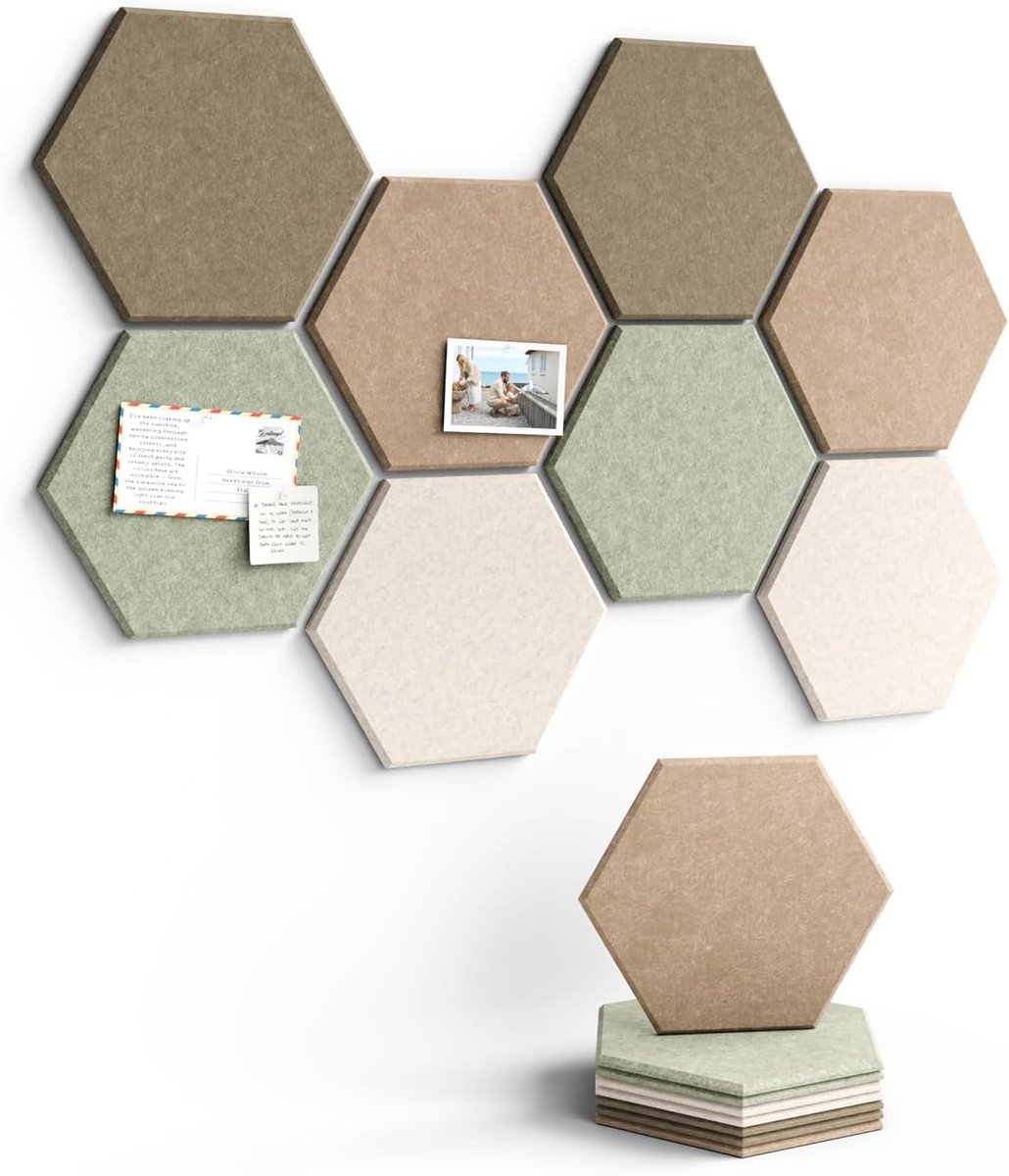 Zeshoekige vilt pinbordplaten set van 8, met spelden en plakstrips, linnen look